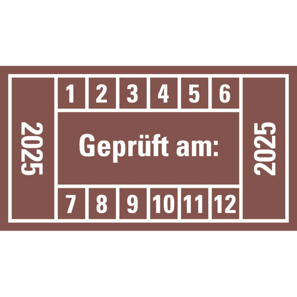 Prüfplakette Geprüft am: 2025, braun, Dokumentenfolie, 45x25mm, 12/Bogen
