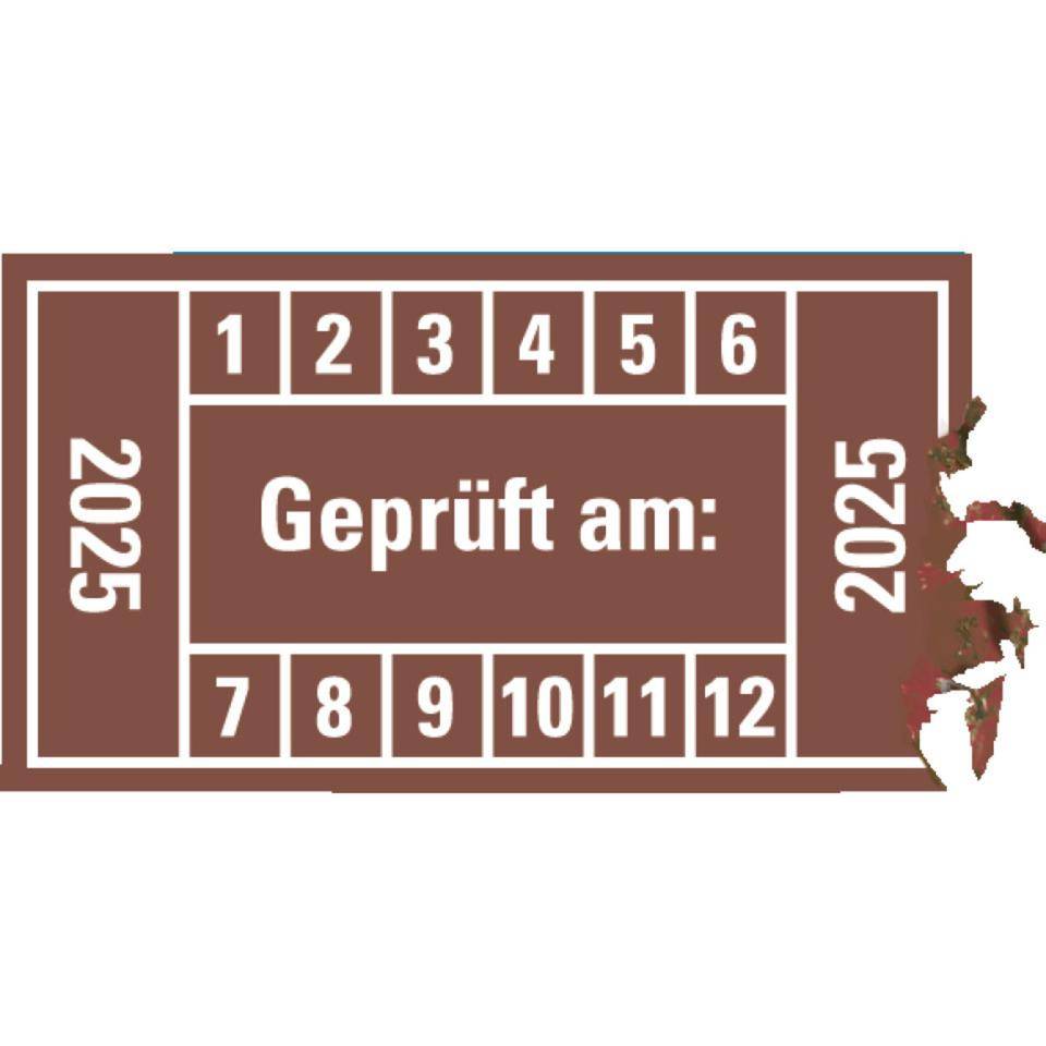 Prüfplakette Geprüft am: 2025, braun, Dokumentenfolie, 45x25mm, 12/Bogen