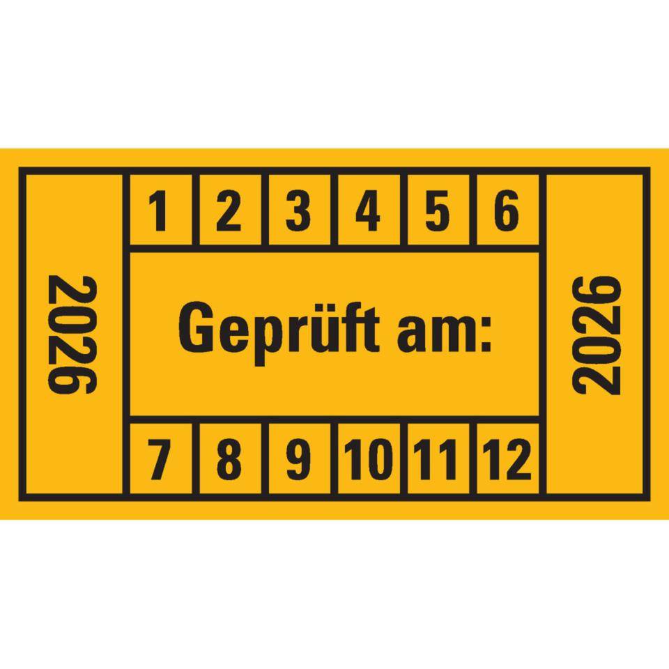Prüfplakette Geprüft am: 2026, gelb, Dokumentenfolie, 45x25mm, 12/Bogen