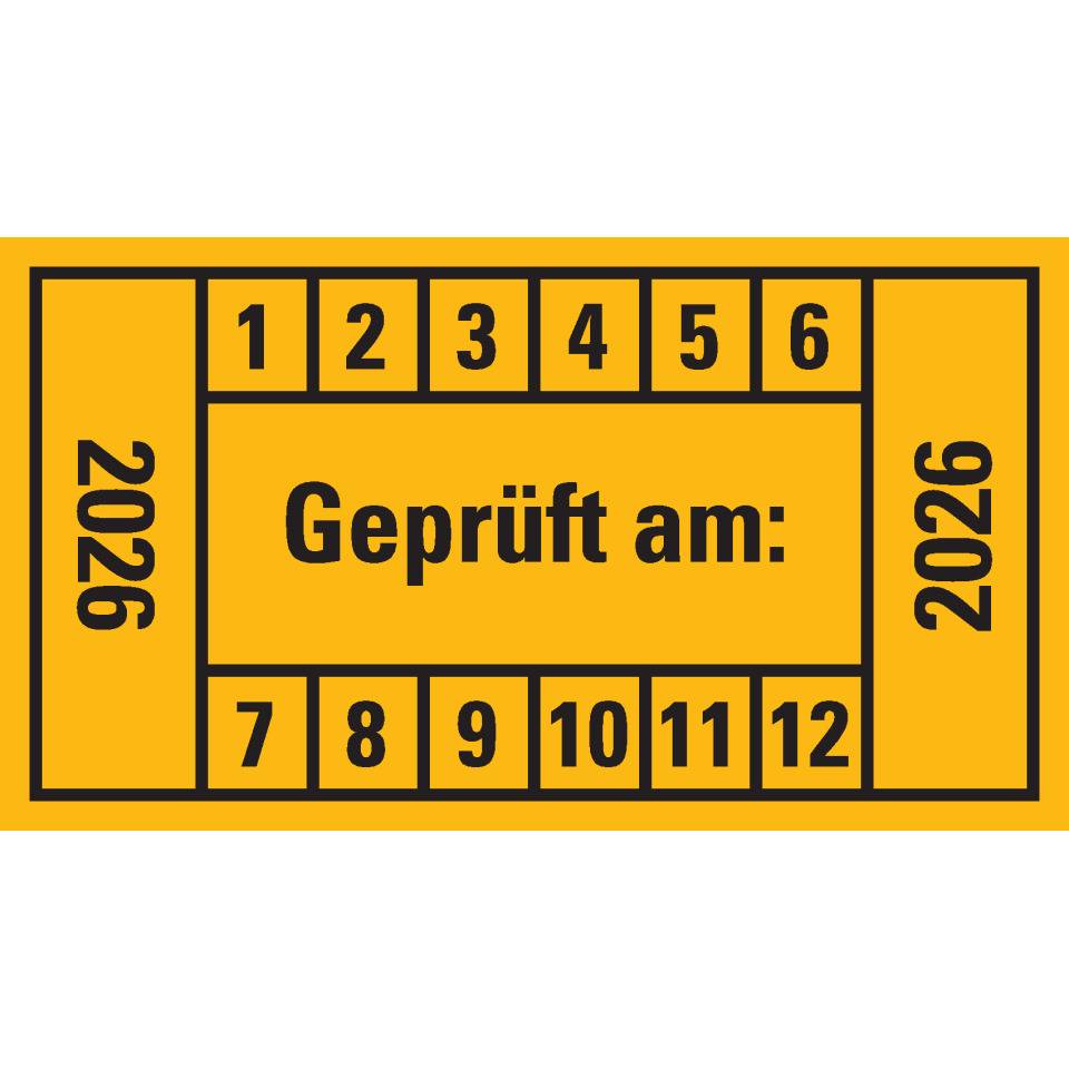 Prüfplakette Geprüft am: 2026, gelb, Dokumentenfolie, 45x25mm, 12/Bogen