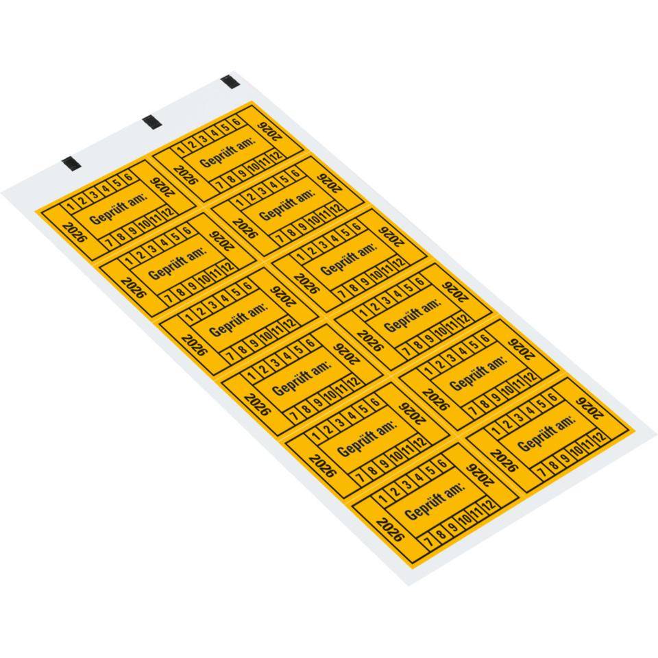 Prüfplakette Geprüft am: 2026, gelb, Dokumentenfolie, 45x25mm, 12/Bogen