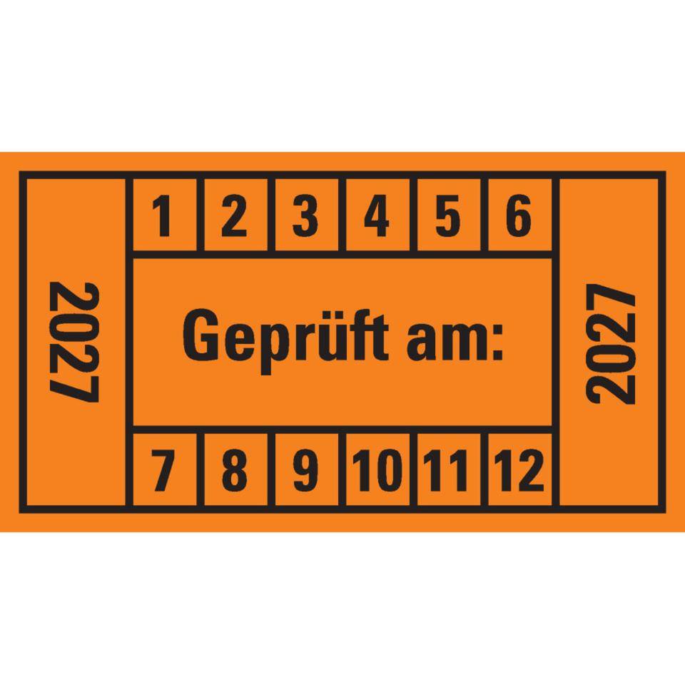 Prüfplakette Geprüft am: 2027, orange, Dokumentenfolie, 45x25mm,12/Bogen
