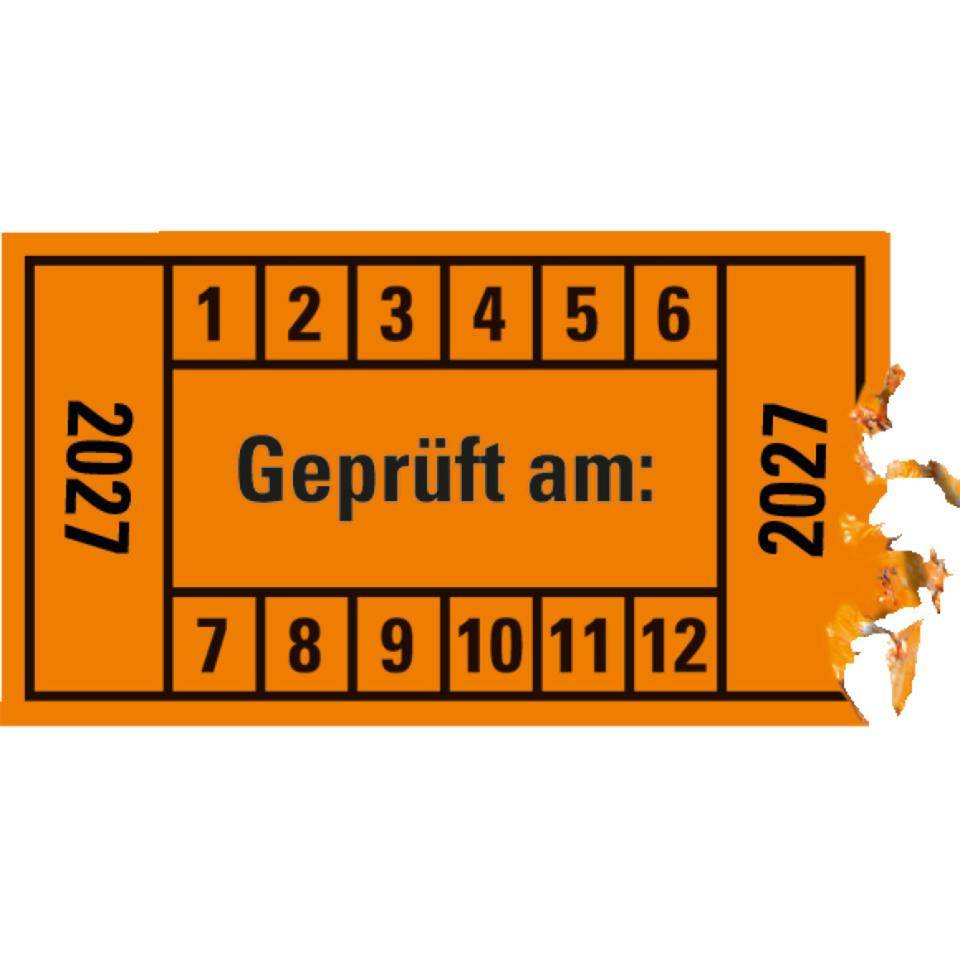 Prüfplakette Geprüft am: 2027, orange, Dokumentenfolie, 45x25mm,12/Bogen
