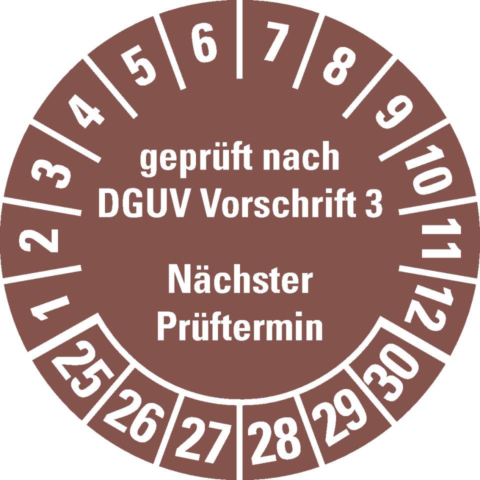 Prüfplakette geprüft nach DGUV Vorschrift 3 Nächster Prüftermin,25-30,braun,Folie,ablösbar,Ø 25mm,21/Bogen