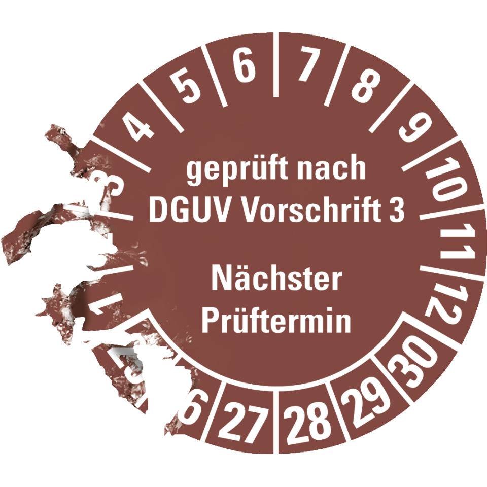 Prüfplakette geprüft DGUV Vorschrift 3 Nächster Prüftermin 25-30, braun, Dokumentenfolie, Ø30mm, 1250/Rolle