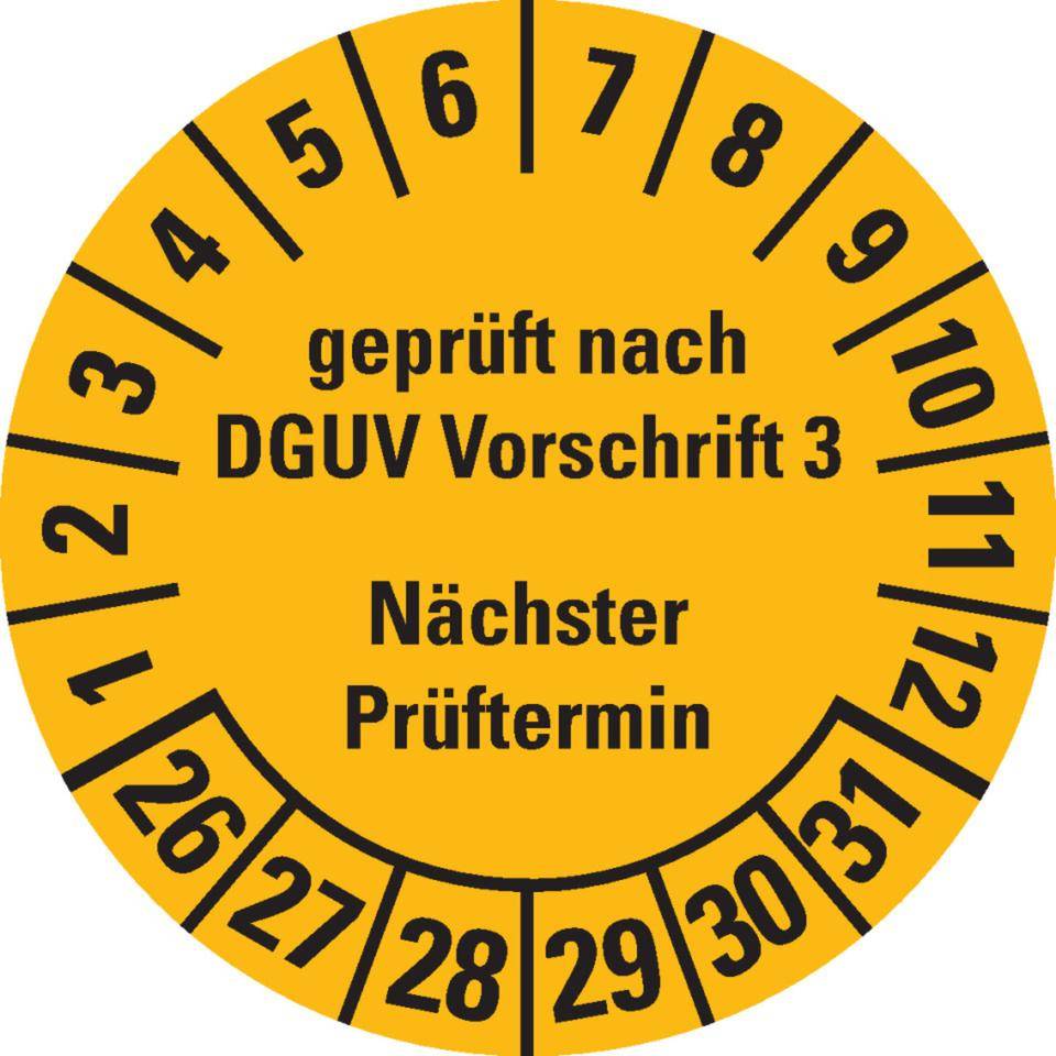 Prüfplakette Geprüft nach DGUV Vorschrift 3, Nächster Prüftermin26-31, gelb, Folie, ablösbar, Ø30mm, 500/Rolle