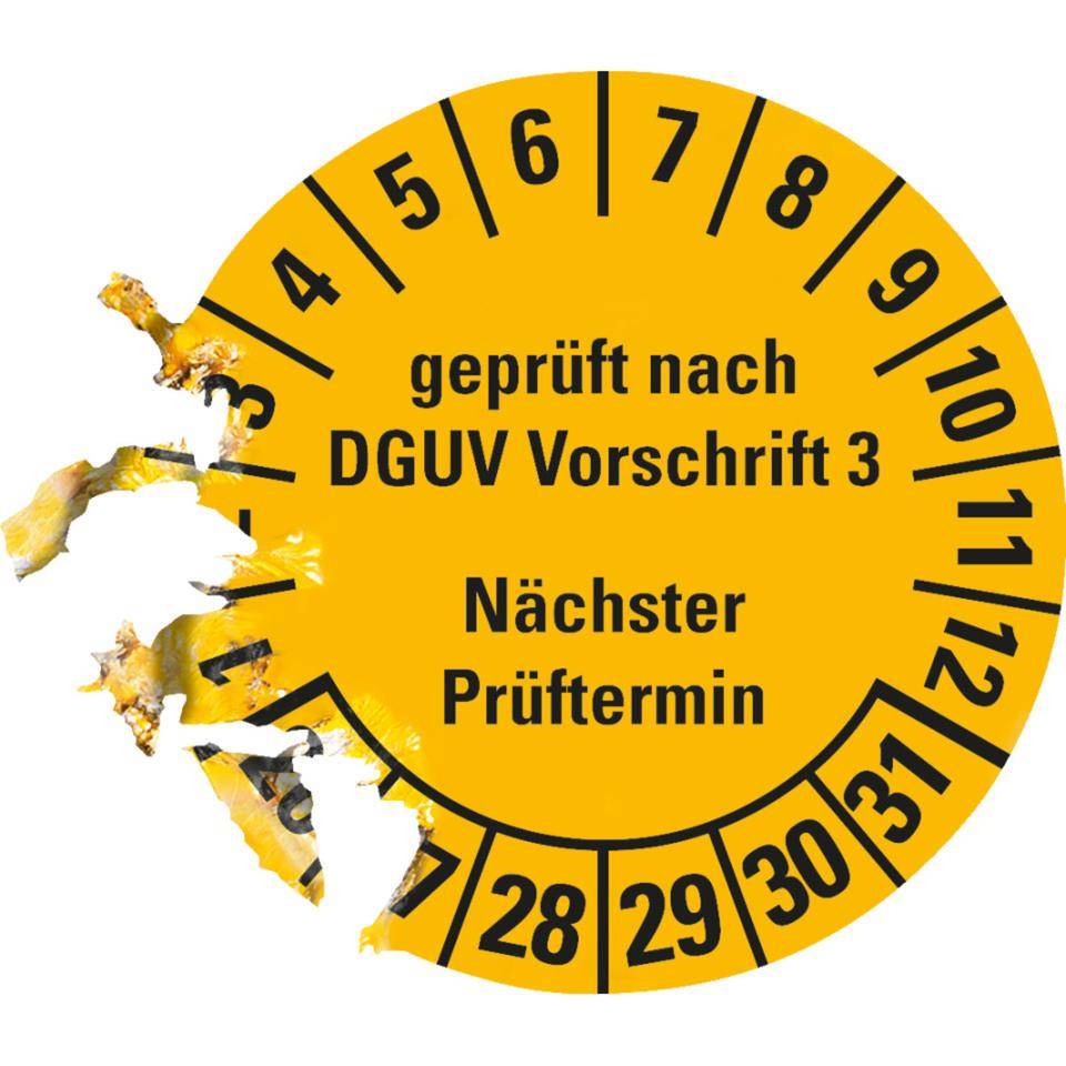 Prüfplakette geprüft DGUV Vorschrift 3 Nächster Prüftermin 26-31,gelb,Dokumentenfolie,Ø 30mm,108/Heft