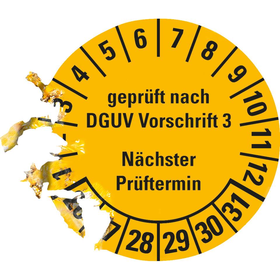 Prüfplakette geprüft nach DGUV Vorschrift 3 Nächster Prüftermin, 26-31, gelb, Dokumentenfolie, Ø 30mm, 18/Bogen
