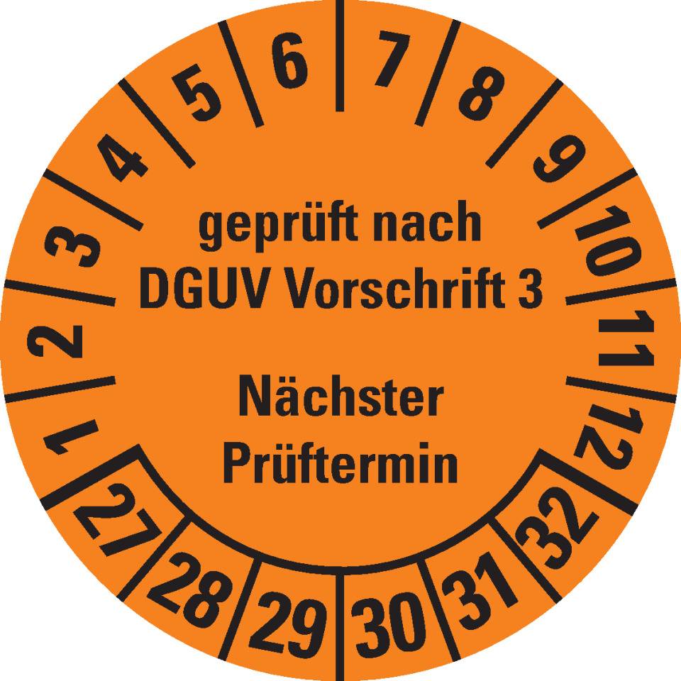 Prüfplakette geprüft DGUV Vorschrift 3, 27-32, orange, Folie, ablösbar, Ø 25mm, 105/Heft