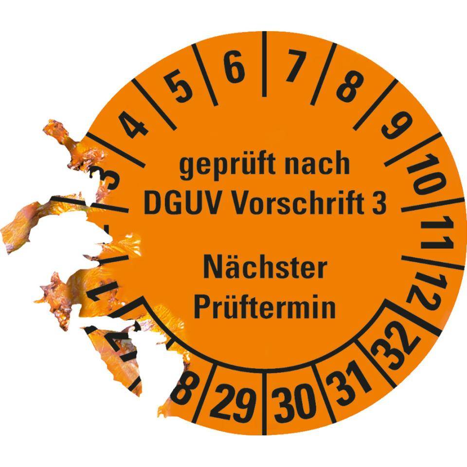 Prüfplakette geprüft nach DGUV Vorschrift 3 (ehemals BGV A3) Nächster Prüftermin 27-32, orange, Dokumentenfolie, Ø 30mm, 18/Bogen