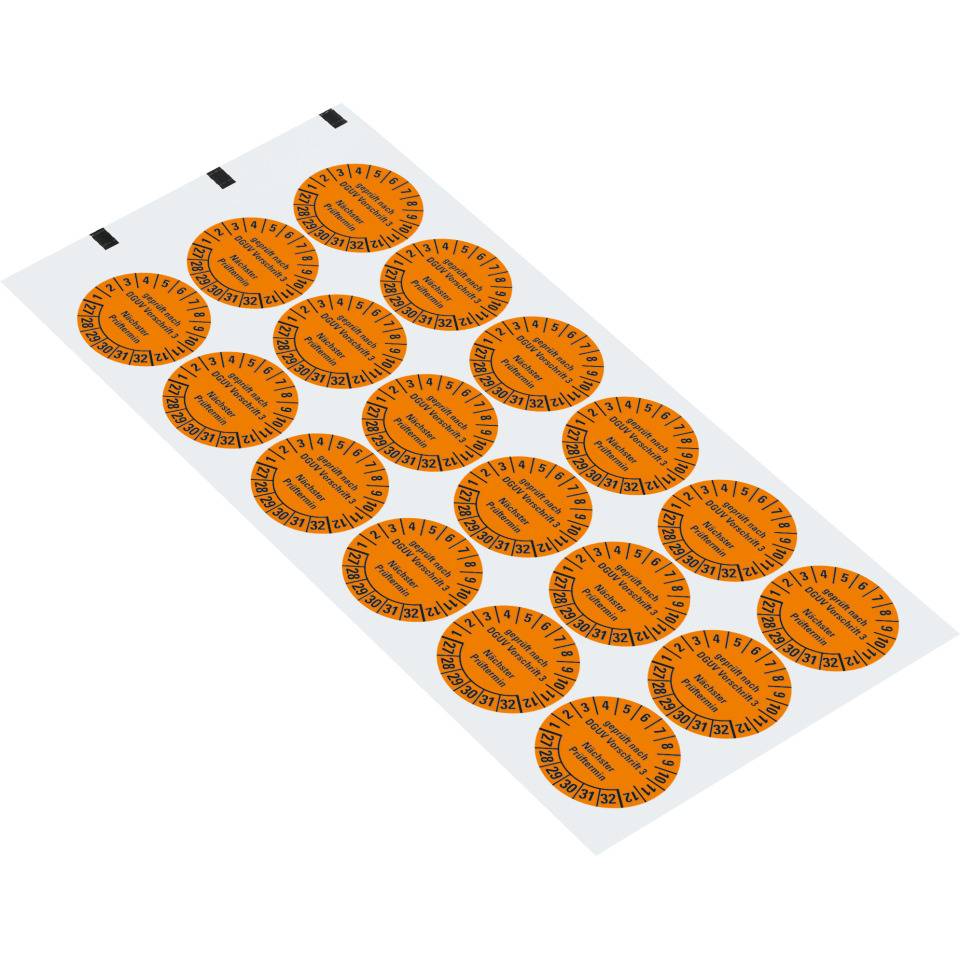 Prüfplakette Geprüft nach DGUV Vorschrift 3, Nächster Prüftermin 27-32, orange, Folie, ablösbar, Ø30mm, 18/Bogen