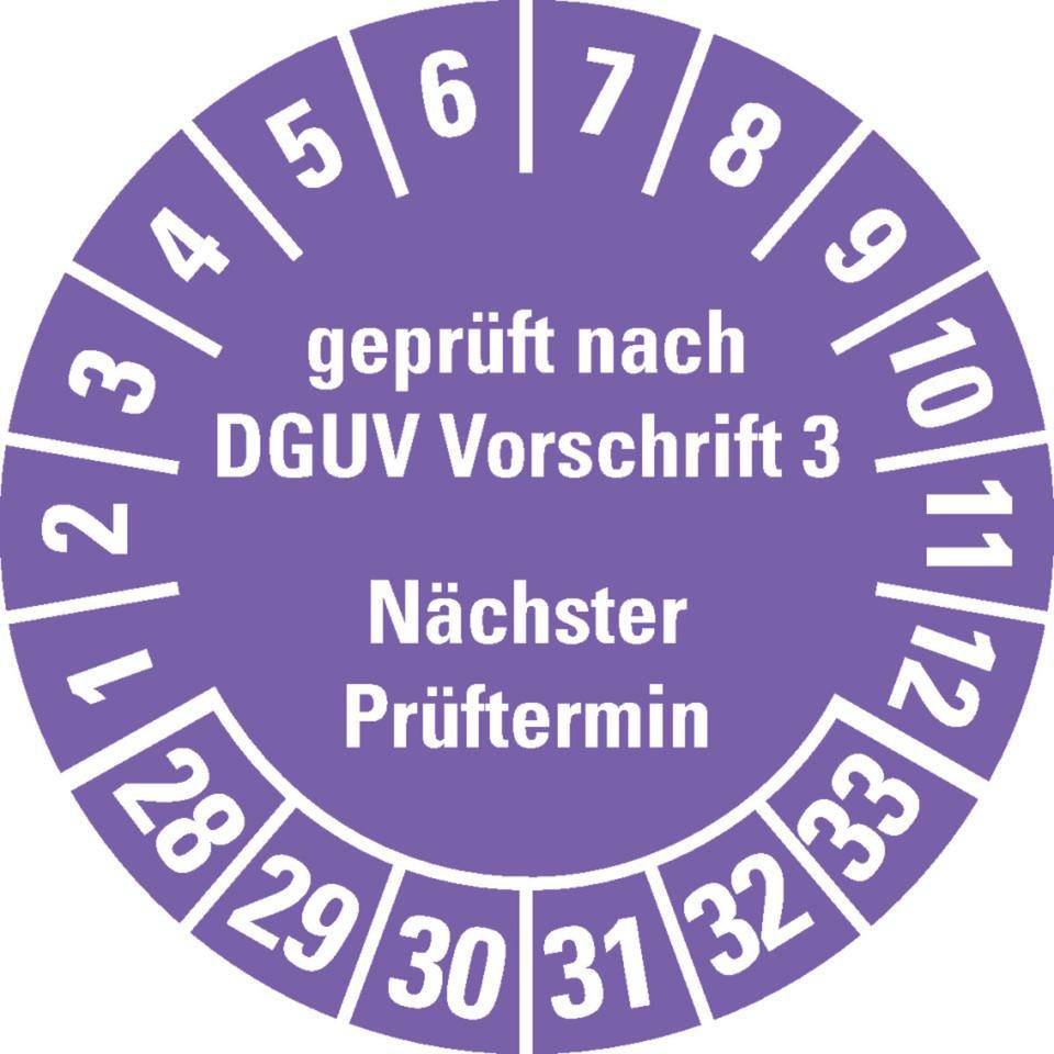 Prüfplakette Geprüft nach DGUV Vorschrift 3 Nächster Prüftermin,28-33, violett, Folie, ablösbar, Ø 25mm, 500/Rolle
