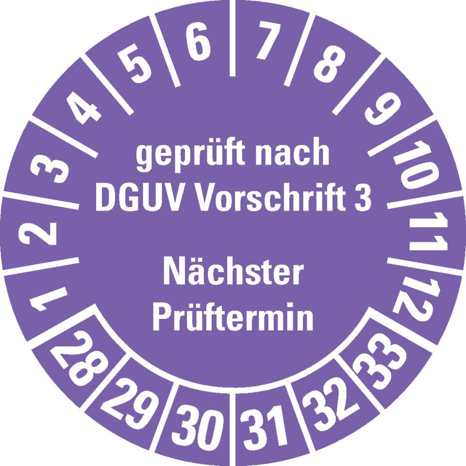 Prüfplakette Geprüft nach DGUV Vorschrift 3 Nächster Prüftermin, 28-33, violett, Folie, ablösbar, Ø 25mm, 21/Bogen