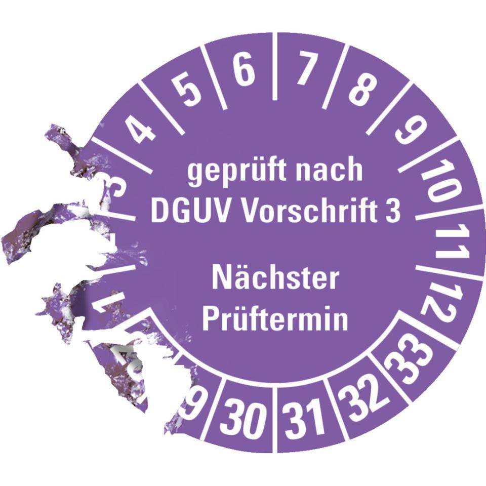 Prüfplakette geprüft DGUV Vorschrift 3 Nächster Prüftermin 28-33, violett, Dokumentenfolie, Ø30mm, 1250/Rolle