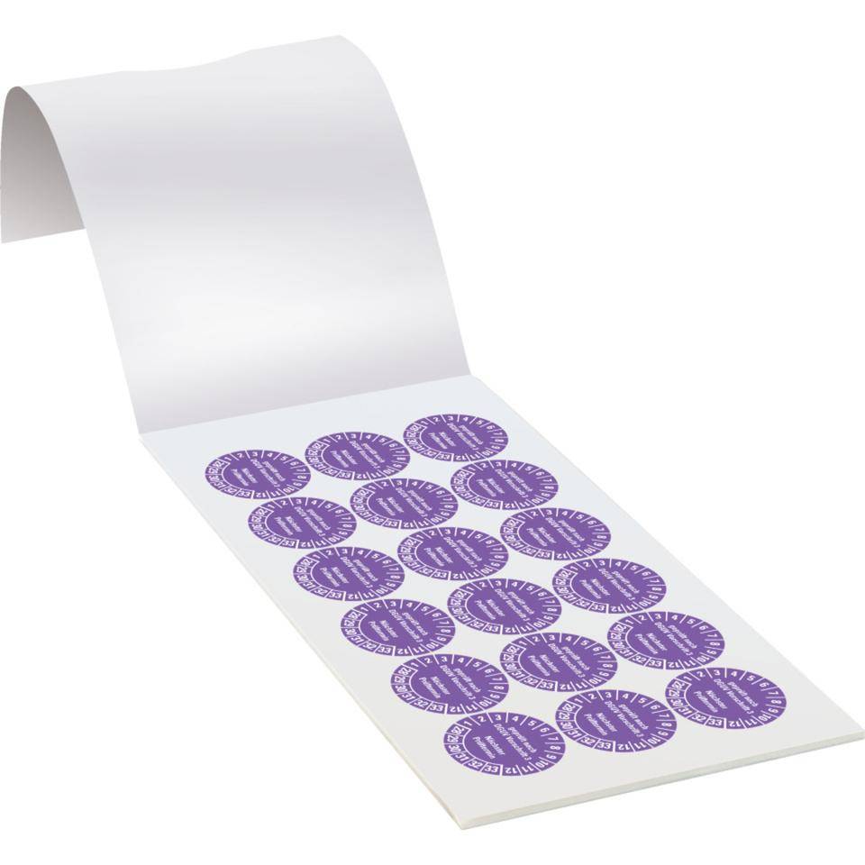 Prüfplakette geprüft DGUV Vorschrift 3 Nächster Prüftermin 28-33, violett, Dokumentenfolie, Ø 30mm, 108/Heft