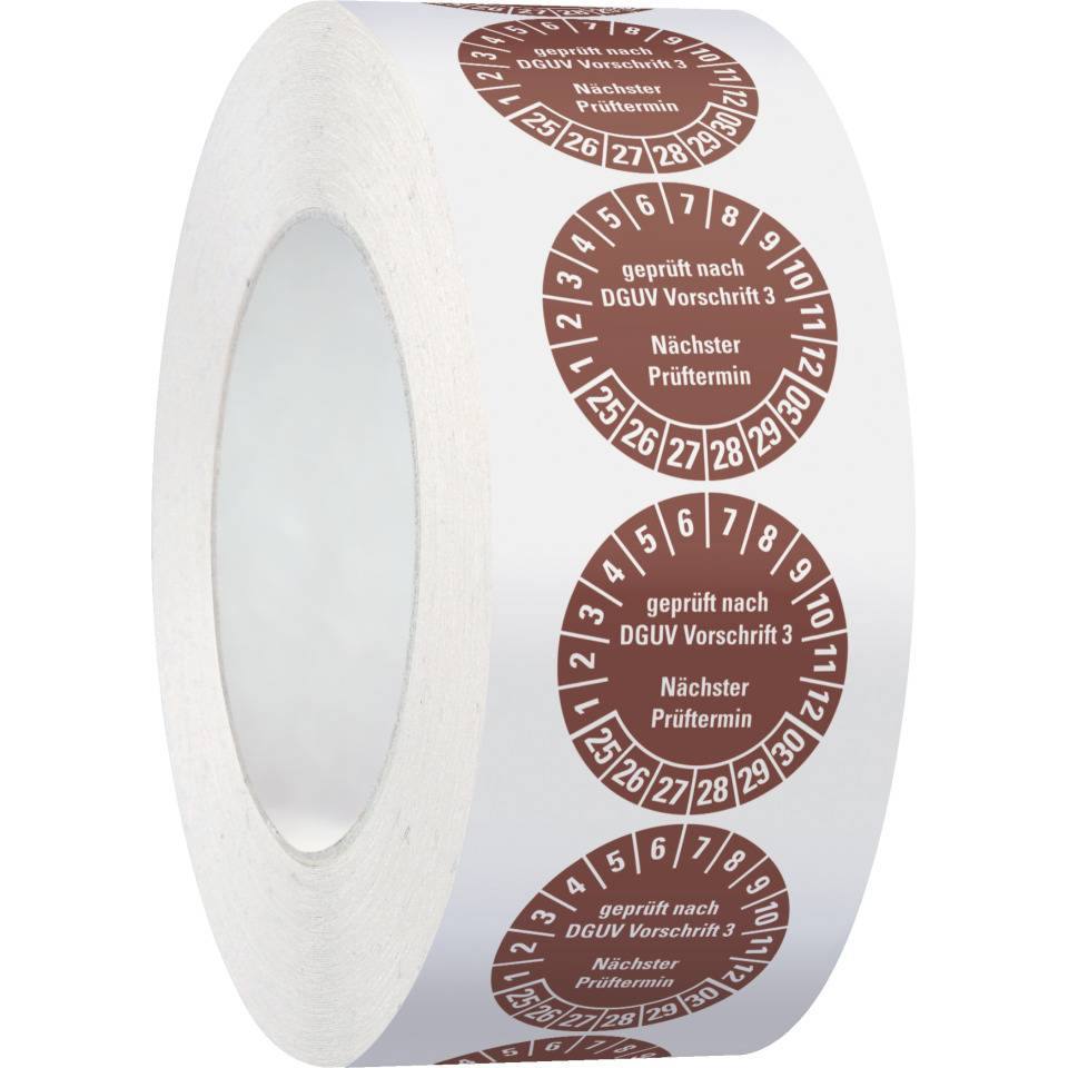 Prüfplakette geprüft DGUV Vorschrift 3 Nächster Prüftermin 25-30, braun, Dokumentenfolie, Ø30mm, 1250/Rolle