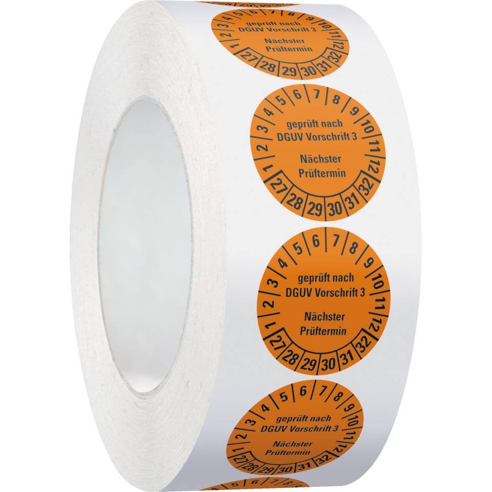 Prüfplakette geprüft nach DGUV Vorschrift 3, Nächster Prüftermin, 27-32, orange, Cellulose-Folie, selbstkl., Ø 30mm