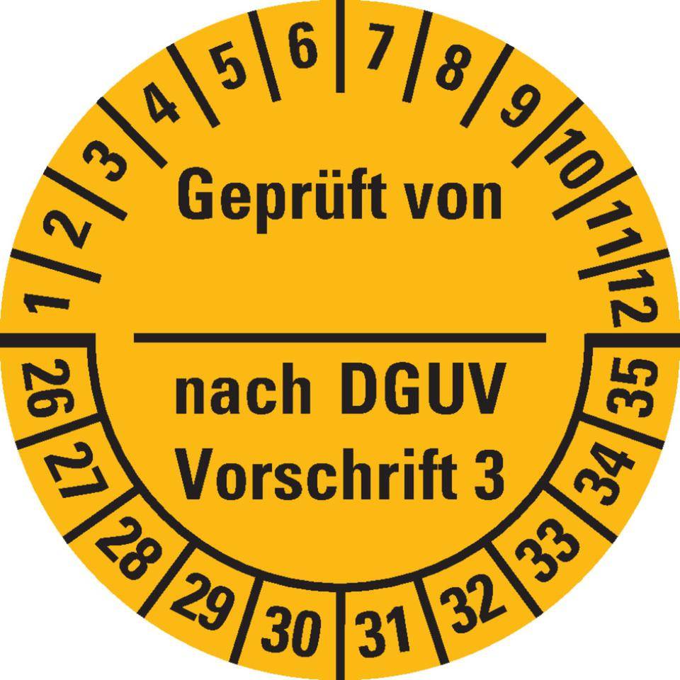 Prüfplakette geprüft DGUV Vorschrift 3, 26-35, gelb, Folie, ablösbar, Ø 25mm, 21/Bogen