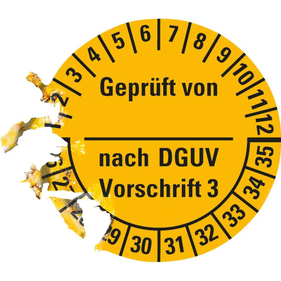 Prüfplakette Geprüft von-nach DGUV Vor.3, 26-35, gelb, Dokumentenfolie, Ø25mm, 21/Bogen