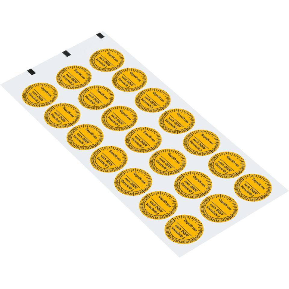 Prüfplakette geprüft DGUV Vorschrift 3, 26-35, gelb, Folie, ablösbar, Ø 25mm, 21/Bogen