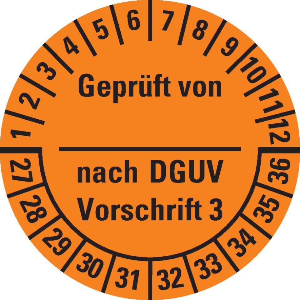 Prüfplakette Geprüft von-nach DGUV Vorschrift 3, 27-36, orange, Dokumentenfolie, Ø25mm, 105/Heft