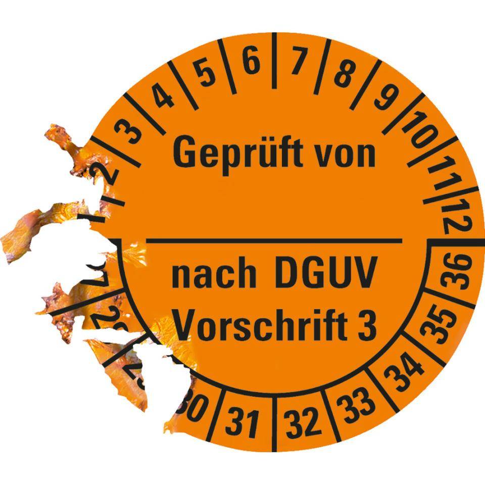 Prüfplakette Geprüft von-nach DGUV Vorschrift 3, 27-36, orange, Dokumentenfolie, Ø25mm, 21/Bogen