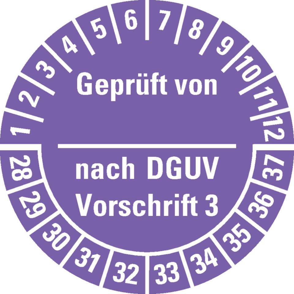 Prüfplakette Geprüft von-nach DGUV Vorschrift 3, 28-37, violett,Dokumentenfolie, Ø 25mm, 500/RO
