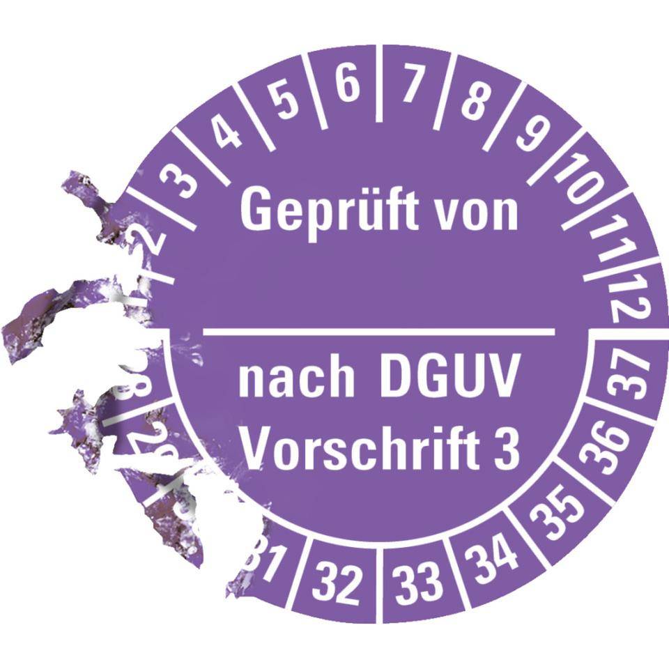 Prüfplakette Geprüft von-nach DGUV Vorschrift 3, 28-37, violett,Dokumentenfolie, Ø 25mm, 500/RO