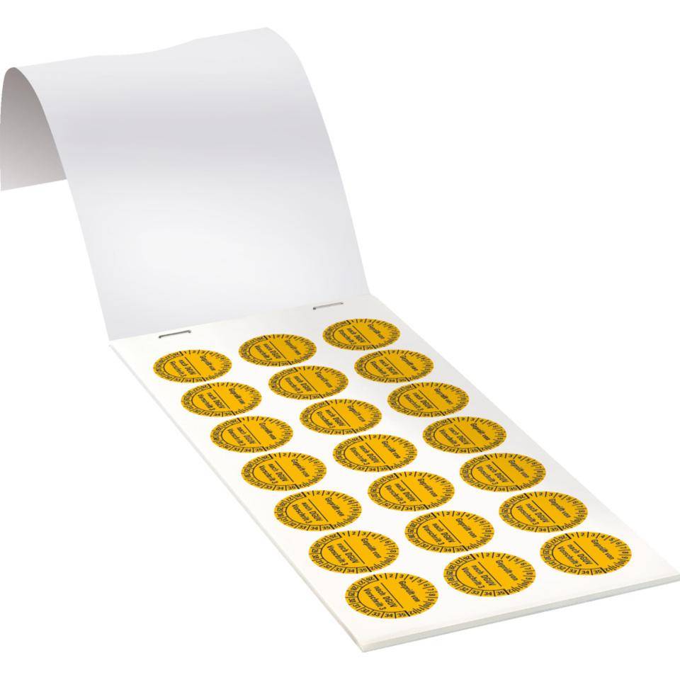 Prüfplakette Geprüft von-nach DGUV Vor.3, 26-35, gelb, Dokumentenfolie, Ø25mm, 105/Heft