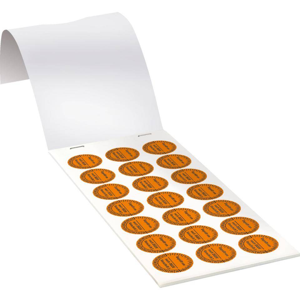 Prüfplakette Geprüft von-nach DGUV Vorschrift 3, 27-36, orange, Dokumentenfolie, Ø25mm, 105/Heft