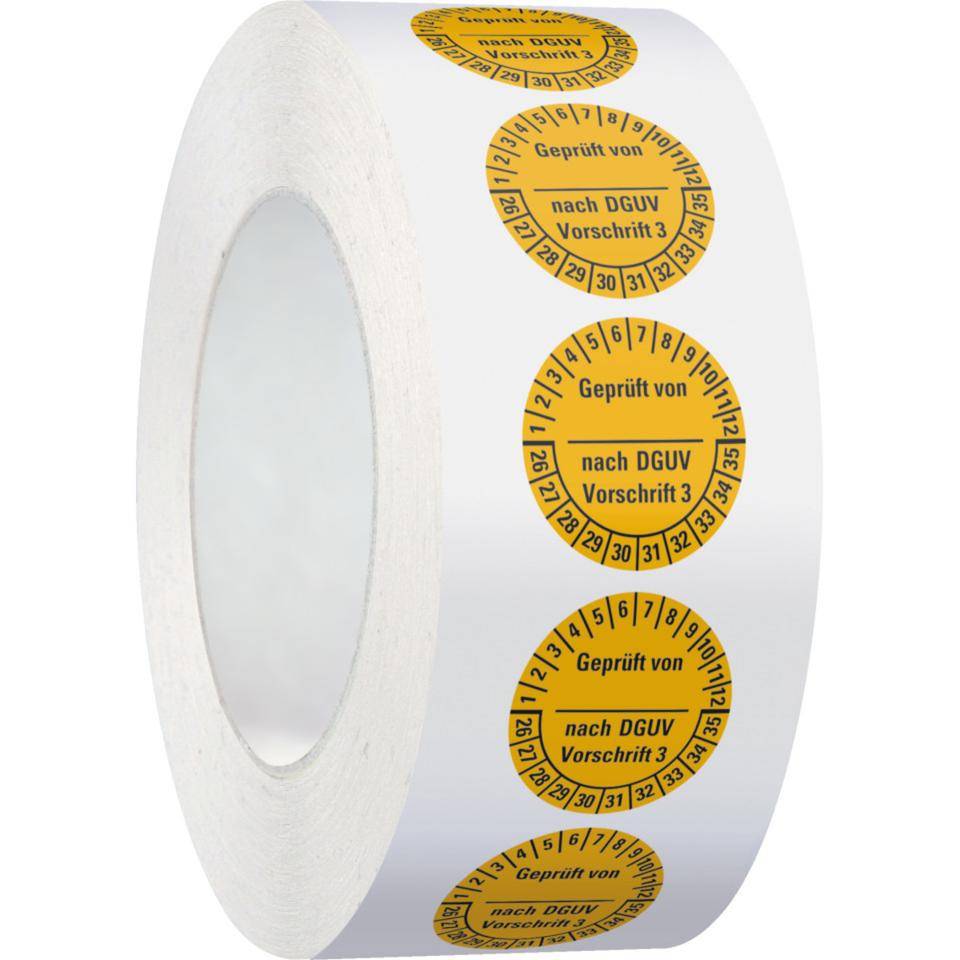 Prüfplakette Geprüft von-nach DGUV Vor.3, 26-35, gelb, Dokumentenfolie, Ø 25mm, 500/RO