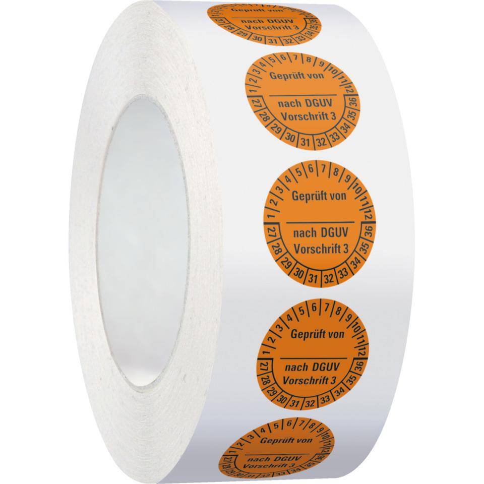 Prüfplakette Geprüft DGUV Vorschrift 3, 27-36, orange, Folie, ablösbar, Ø 25mm, 500/Rolle