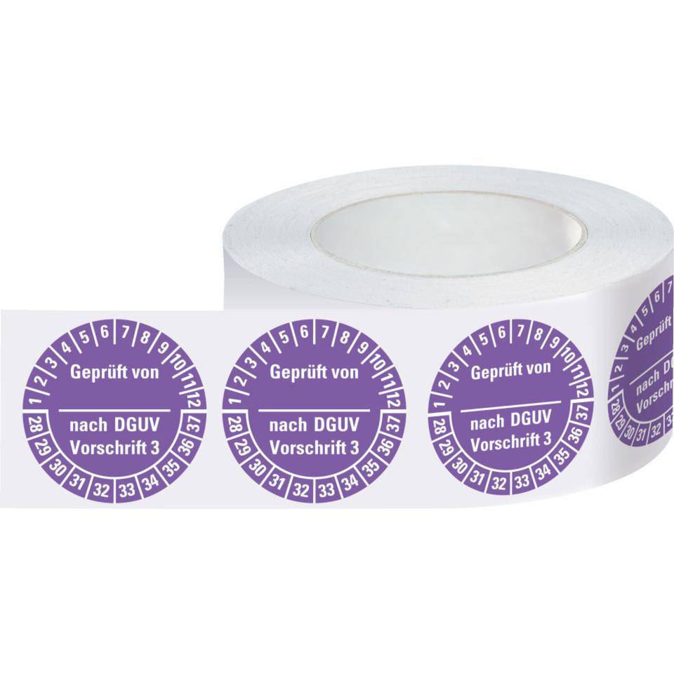 Prüfplakette Geprüft von-nach DGUV Vorschrift 3, 28-37, violett,Dokumentenfolie, Ø 25mm, 500/RO