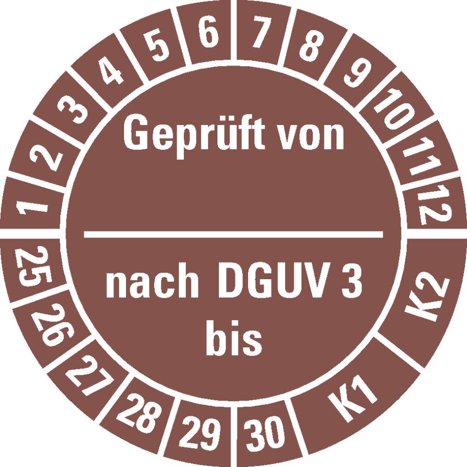 Prüfplakette geprüft von nach DGUV Vorschrift 3 K1/K2,25-30,braun,Dokumentenfolie,Ø25mm,105/Heft