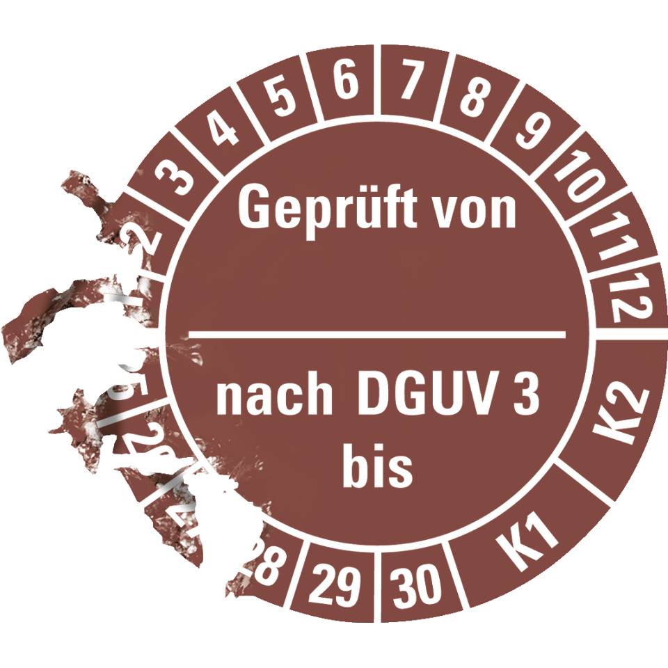 Prüfplakette geprüft von nach DGUV Vorschrift 3 K1/K2,25-30,braun,Dokumentenfolie,Ø25mm,105/Heft
