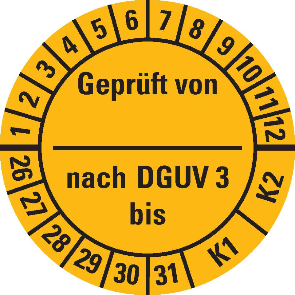 Prüfplakette geprüft von nach DGUV Vorschrift 3 K1/K2, 26-31, gelb, Dokumentenfolie, Ø25mm, 21/Bogen