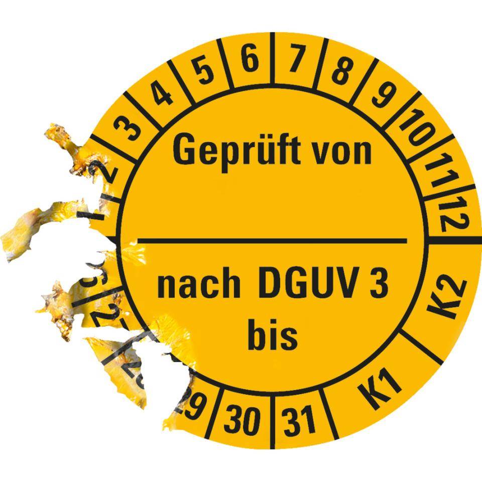 Prüfplakette geprüft von nach DGUV Vorschrift 3 K1/K2, 26-31, gelb, Dokumentenfolie, Ø 25mm, 500/RO