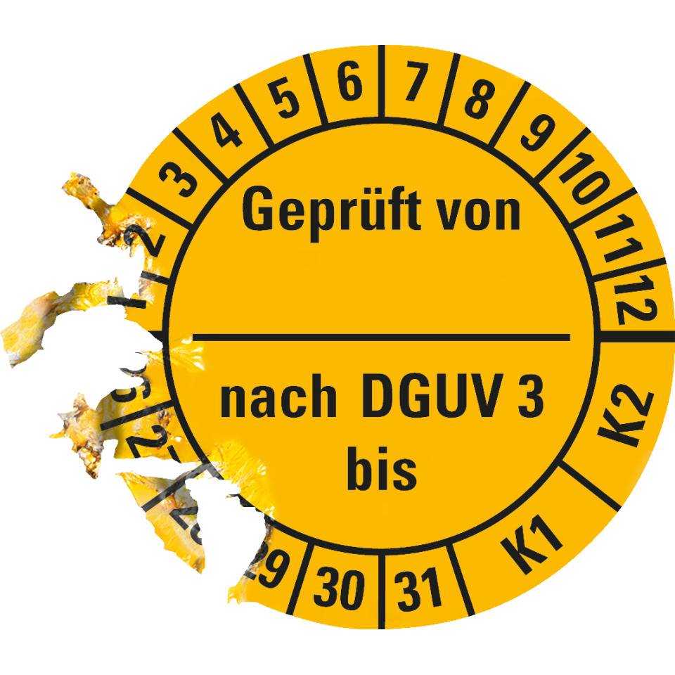 Prüfplakette geprüft von nach DGUV Vorschrift 3 K1/K2, 26-31, gelb, Dokumentenfolie, Ø25mm, 21/Bogen