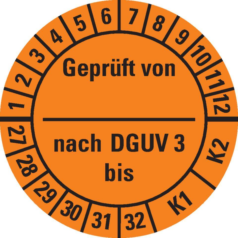 Prüfplakette Geprüft v.-n.DGUV Vorschrift 3 K1/K2, 27-32, orange, Dokumentenfolie, Ø 25mm, 500/RO