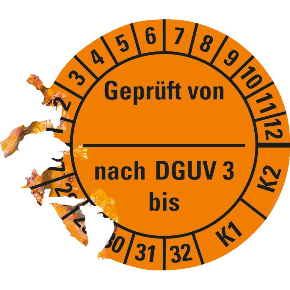 Prüfplakette Geprüft v.-n.DGUV Vorschrift 3 K1/K2, 27-32, orange, Dokumentenfolie, Ø 25mm, 500/RO