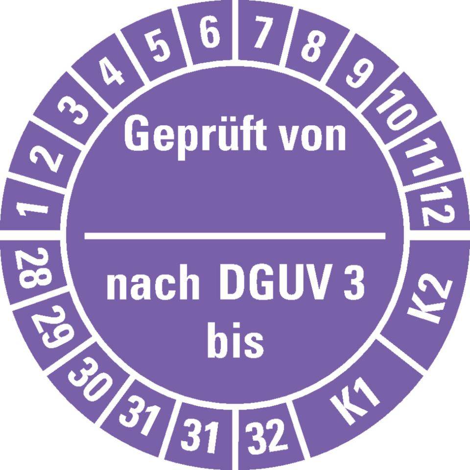 Prüfplakette Geprüft von - nach DGUV Vorschrift 3 K1/K2, 28-33, violett, Dokumentenfolie, Ø 25mm, 500/RO