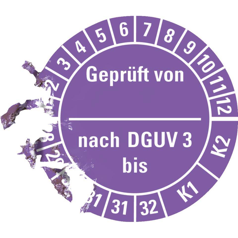 Prüfplakette Geprüft von - nach DGUV Vorschrift 3 K1/K2, 28-33, violett, Dokumentenfolie, Ø 25mm, 500/RO