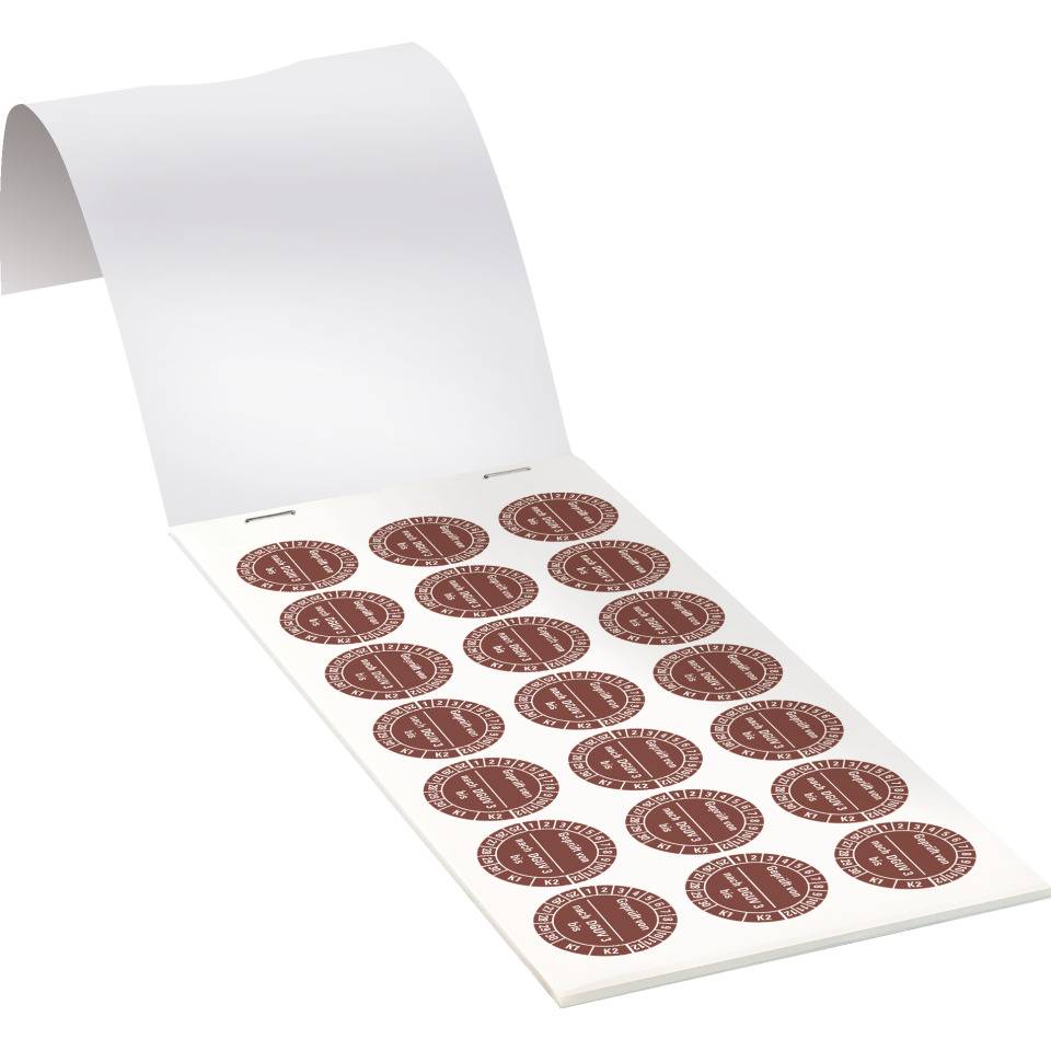 Prüfplakette geprüft von nach DGUV Vorschrift 3 K1/K2,25-30,braun,Dokumentenfolie,Ø25mm,105/Heft