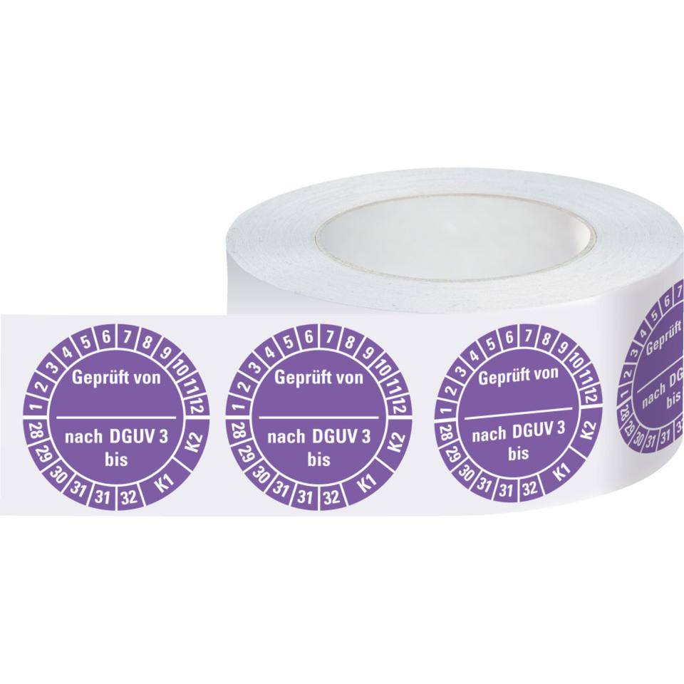Prüfplakette Geprüft von - nach DGUV Vorschrift 3 K1/K2, 28-33, violett, Dokumentenfolie, Ø 25mm, 500/RO