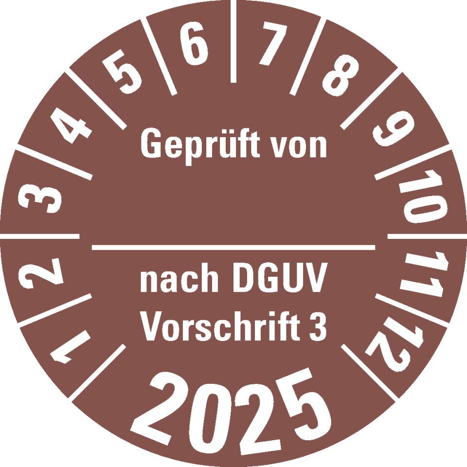 Prüfplakette Geprüft von nach DGUV 3,2025,braun,Dokumentenfolie,Ø 30mm,18/Bogen