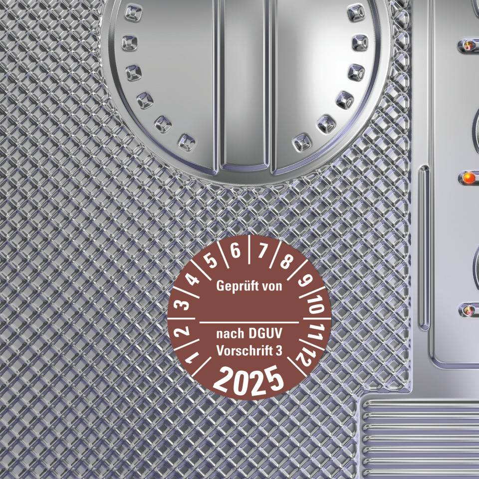 Prüfplakette Geprüft von nach DGUV 3,2025,braun,Dokumentenfolie,Ø 30mm,18/Bogen