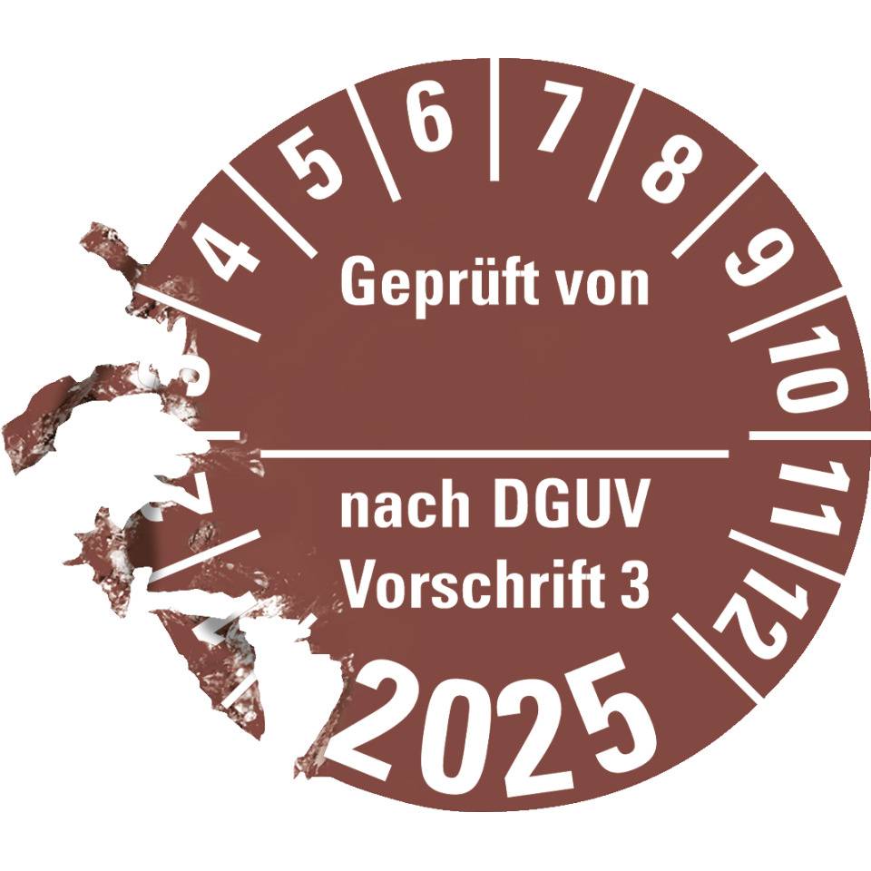 Prüfplakette Geprüft von nach DGUV 3,2025,braun,Dokumentenfolie,Ø 30mm,18/Bogen