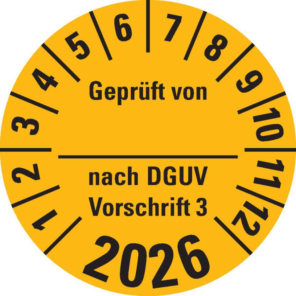 Prüfplakette Geprüft von nach DGUV 3, 2026, gelb, Dokumentenfolie, Ø 30mm, 500/Rolle