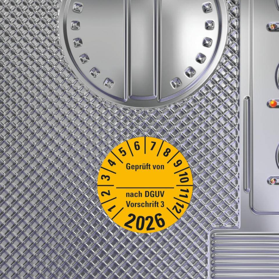 Prüfplakette Geprüft von nach DGUV 3, 2026, gelb, Dokumentenfolie, Ø 30mm, 500/Rolle