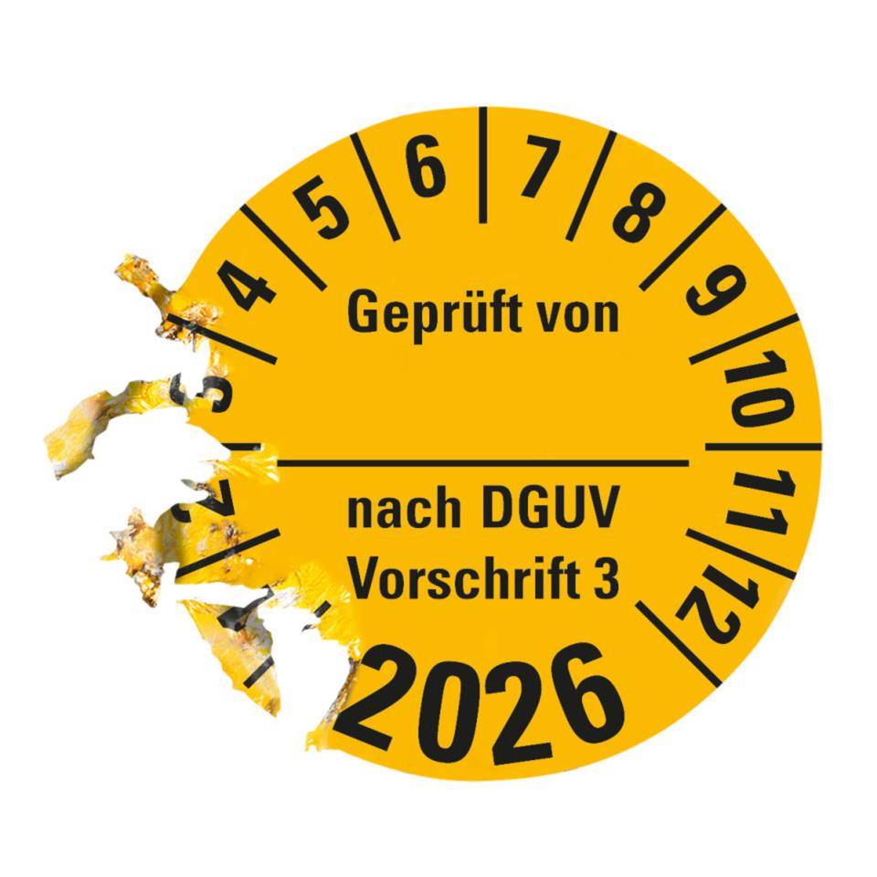 Prüfplakette Geprüft von nach DGUV 3, 2026, gelb, Dokumentenfolie, Ø 30mm, 500/Rolle